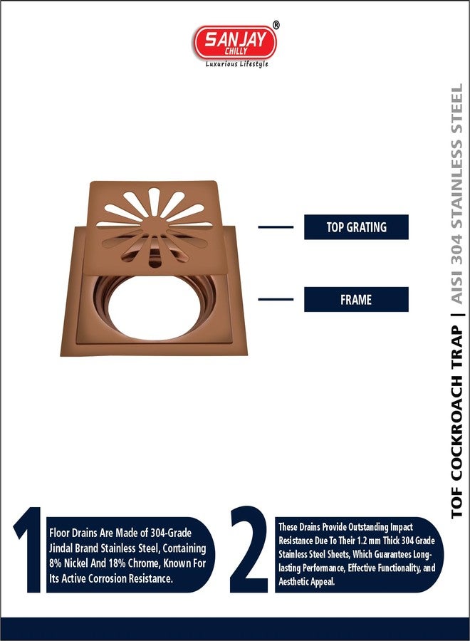 Sanjay Chilly Square Ezee SS Floor Drain Colour Collection for Bathroom Gratings 304 Grade Sink Top Cover Jali Washbasin Bathtub Waste Water Drain Strainer in Toilet (TOF Rose Gold 5x5 INCH) - Image 4